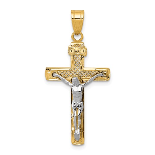 14k Two-Tone Gold Lattice Cross With Crucifix Pendant 1in