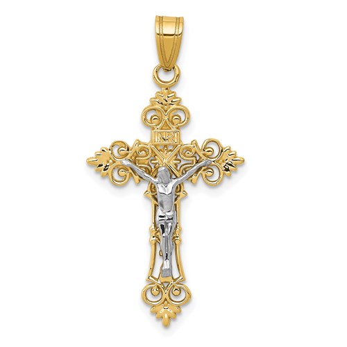 14k Two-tone Gold Fleur de Lis INRI Crucifix Pendant 1in