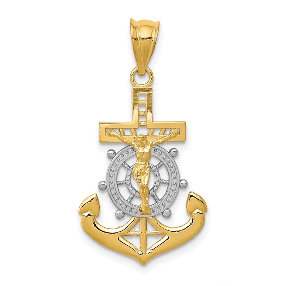 14kt Yellow Gold 1in Mariner's Cross Pendant with Rhodium