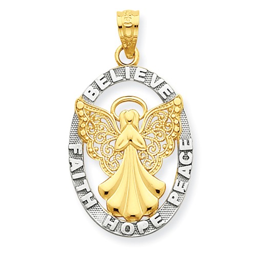 14k Yellow Gold and Rhodium Believe Faith Hope Peace Angel Pendant