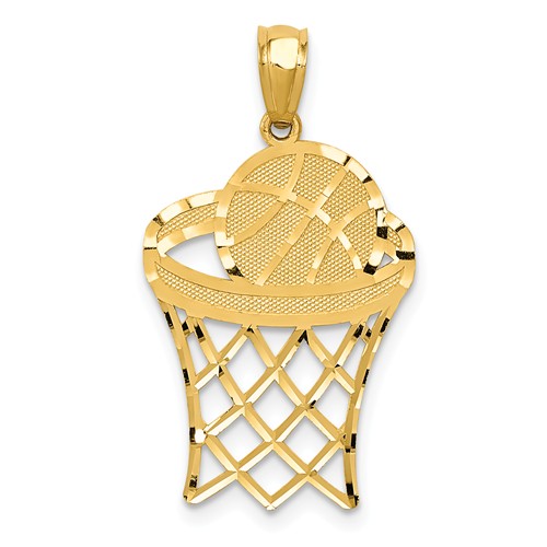 14k Yellow Gold Diamond-cut Basketball and Hoop Pendant 3/4in
