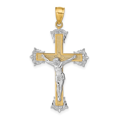 14k Two-Tone Gold Fleur de Lis Textured Crucifix Pendant 1.25in