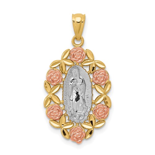 14kt Two-tone Gold 3/4in Lady of Guadalupe Pendant with Flowers