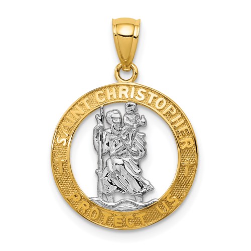 14k Yellow Gold with Rhodium Open St Christopher Pendant 5/8in