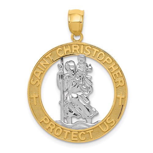 14k Yellow Gold with Rhodium St Christopher Pendant 1in