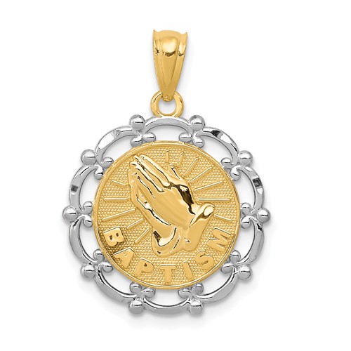 14k Yellow Gold and Rhodium Baptism Pendant with Fancy Border 5/8in