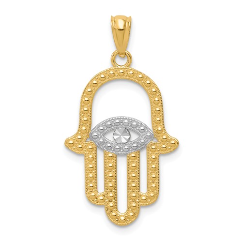 14k Yellow Gold and Rhodium Hamsa Pendant with Beaded Accents 7/8in