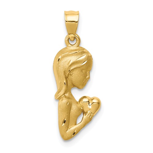 14k Yellow Gold Brushed and Polished Lady Holding Heart Pendant 5/8in