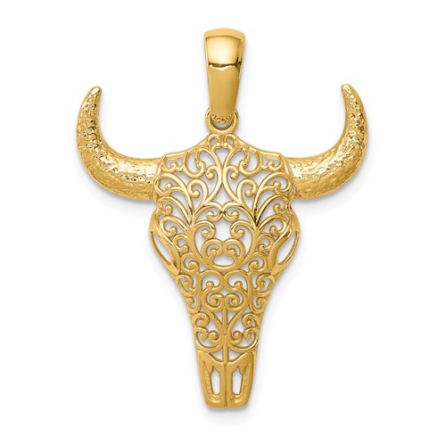 14k Yellow Gold Filigree Steer Skull Pendant 1in