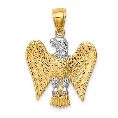 14k Yellow Gold and Rhodium Eagle Pendant with Wings Up 3/4in