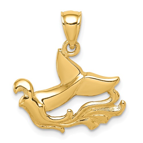 14k Yellow Gold Whale Tail and Wave Pendant 1/2in