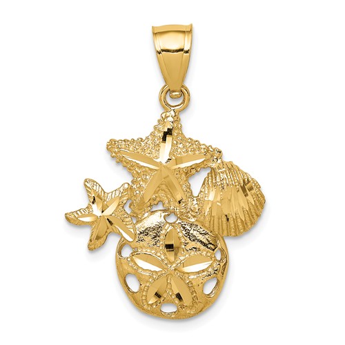 14k Yellow Gold Sea Life Cluster Pendant 7/8in