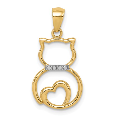 14k Yellow Gold Rhodium Sitting Cat Pendant with Heart 11/16in