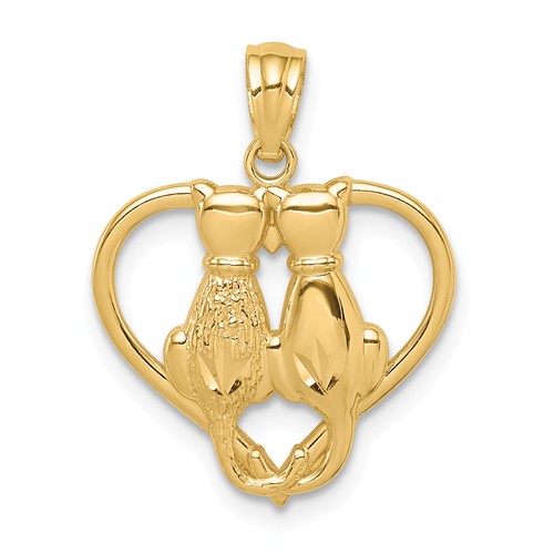 14k Yellow Gold Sitting Cats in a Heart Pendant 1/2in