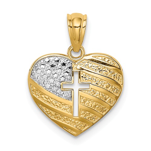 14k Yellow Gold Rhodium USA Flag with Cross Heart Pendant 1/2in
