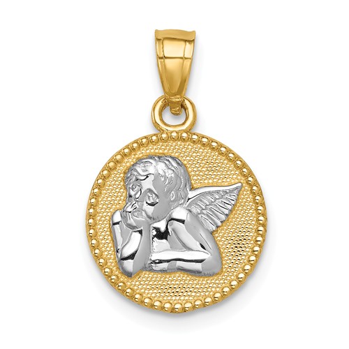 14k Yellow Gold with Rhodium Angel Pendant with Beaded Border 1/2in