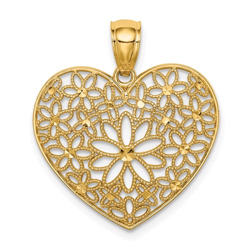 14k Yellow Gold Diamond-cut Heart Pendant with Floral Motif 3/4in