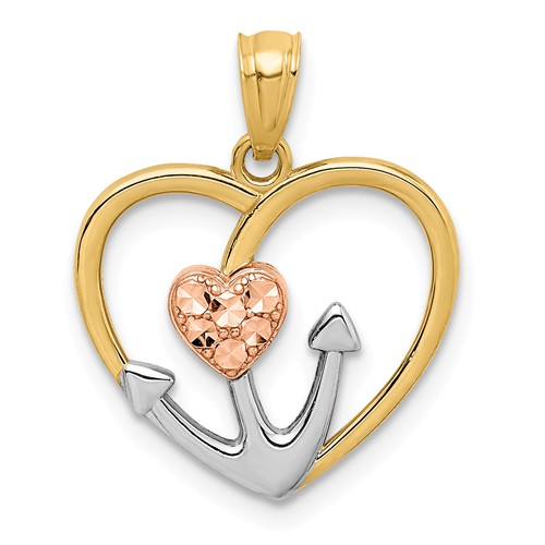 14k Two-tone Gold White Rhodium Anchor Heart Pendant 1/2in