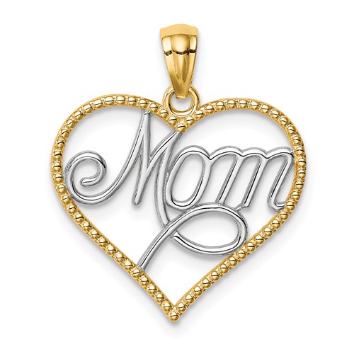 14k Yellow Gold Rhodium Mom in Heart Pendant with Bead Border 5/8in