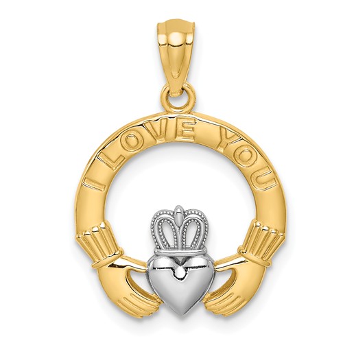 14k Yellow Gold Rhodium I Love You Claddagh Pendant 5/8in