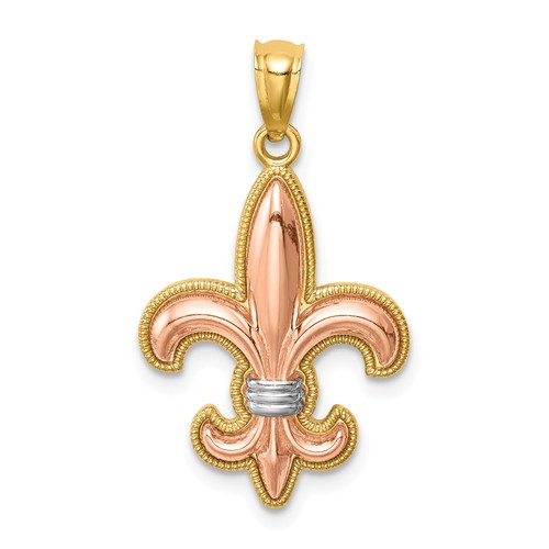 14k Yellow Gold with Rose and White Rhodium Fleur De Lis Pendant 3/4in