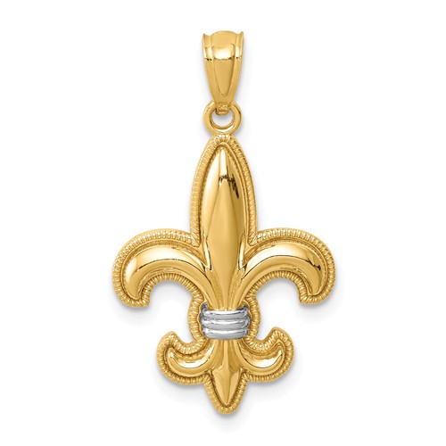 14k Yellow Gold with White Rhodium Fleur De Lis Pendant 3/4in