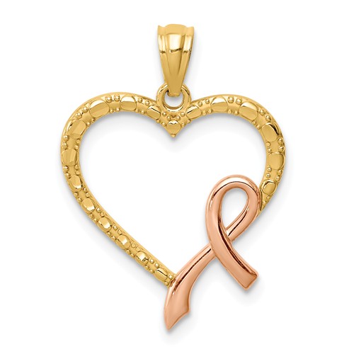 14k Rose Gold Rhodium Pink Ribbon with Heart Pendant 11/16in