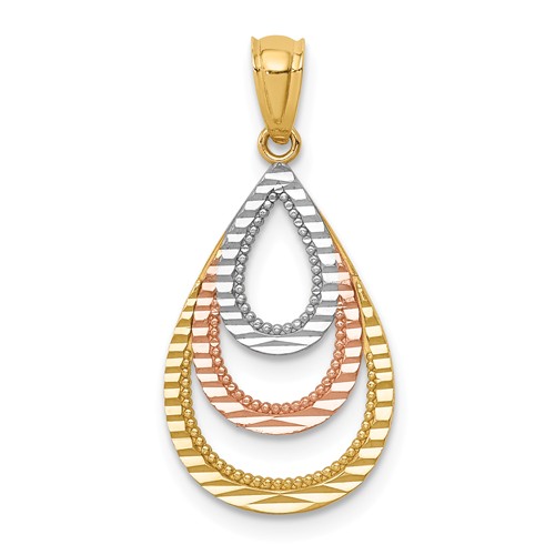 14k Two-tone Gold White Rhodium Diamond-cut Teardrop Pendant 3/4in