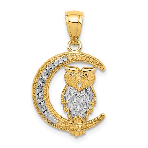 14k Yellow Gold Rhodium Diamond-cut Owl on the Moon Pendant 5/8in