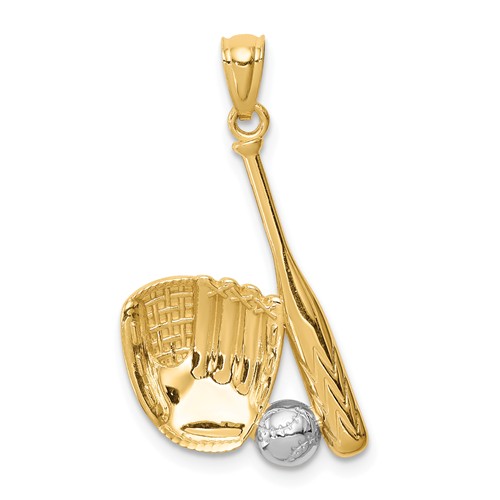 14k Yellow Gold Rhodium Baseball Glove Bat Ball Pendant 3/4in