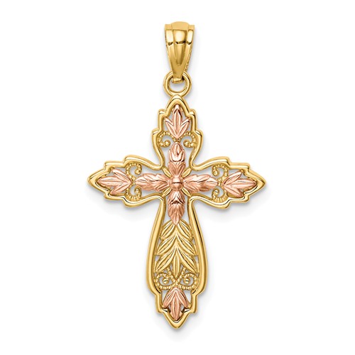 14k Yellow Gold Fleur de lis Cross Pendant with Rose Gold Accent 7/8in