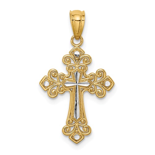 14k Yellow Gold Rhodium Diamond-cut Scroll Cross Pendant 3/4in