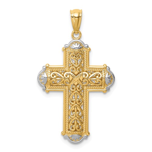 14k White Gold Rhodium Reversible Fancy Cross Pendant 7/8in