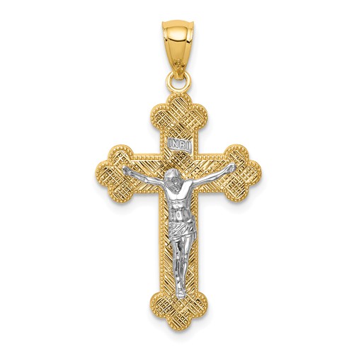 14k Two-tone Gold Rhodium INRI Budded Crucifix 1in