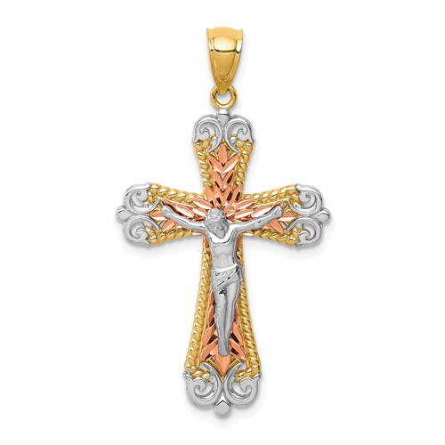 14k Two-tone Gold Rhodium Budded Crucifix Pendant 1in