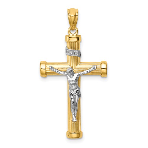 14k Two-tone Gold Rhodium INRI Crucifix with Lined Texture 1in