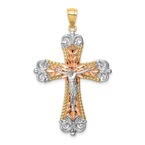 14k Tri-Color Gold Rhodium Crucifix Pendant 1 1/4in