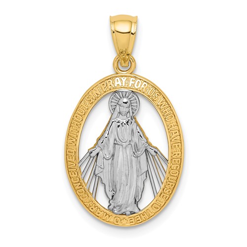 14k Yellow Gold Rhodium Miraculous Medal Pendant Oval Frame 5/8in