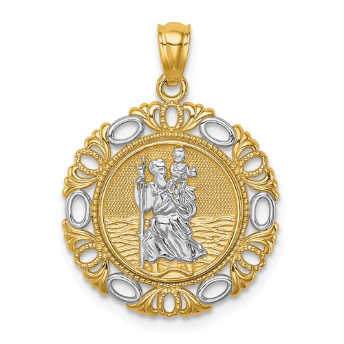 14k Yellow Gold Decorative St. Christopher Medal with Rhodium 11/16in