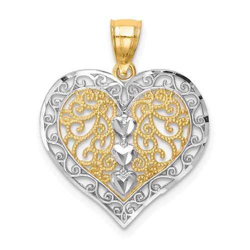 14k Yellow Gold with Rhodium Diamond-cut Filigree Heart Pendant 3/4in