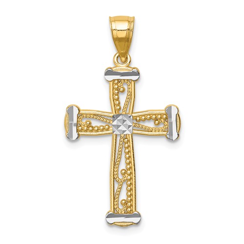 14k Yellow Gold with Rhodium Filigree Cross Pendant 7/8in