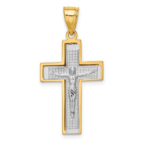 14k Two-tone Gold Textured Classic Crucifix Pendant 7/8in