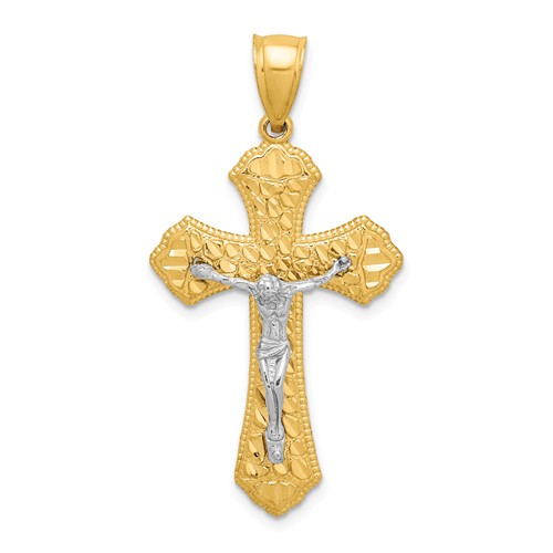14k Two-tone Gold Tapered Fancy Crucifix Pendant 1 1/4in