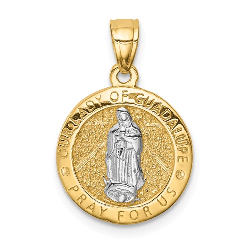 14k Yellow Gold Rhodium Praying Hands Lady of Guadalupe Pendant 1/2in