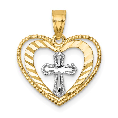 14k Yellow Gold Rhodium Diamond-cut Heart Cross Pendant 1/2in
