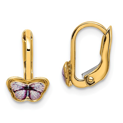 14k Yellow Gold Children's Enamel Butterfly Hoop Earrings 1/2in