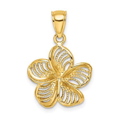 14k Yellow Gold Cut-out Plumeria Pendant with Beaded Texture 5/8in