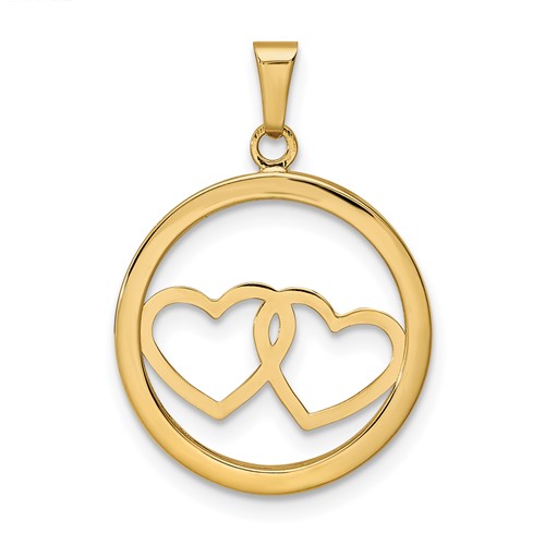 14k Yellow Gold Double Heart In Circle Pendant 5/8in