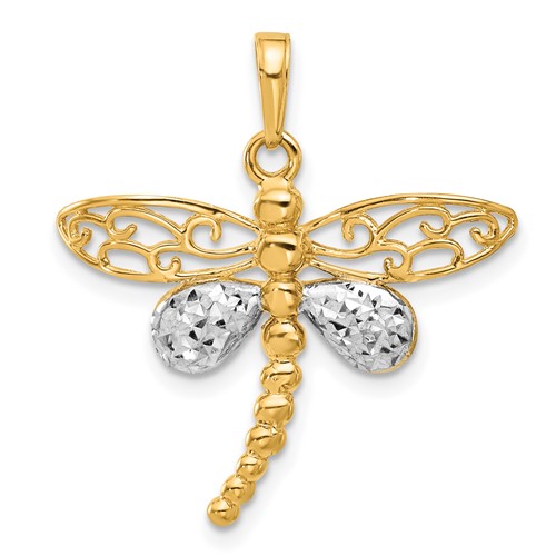 14k Yellow Gold and Rhodium Dragonfly Pendant 3/4in