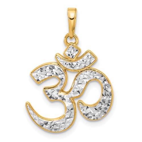 14k Yellow Gold and Rhodium Om Pendant With Diamond-Cut Texture